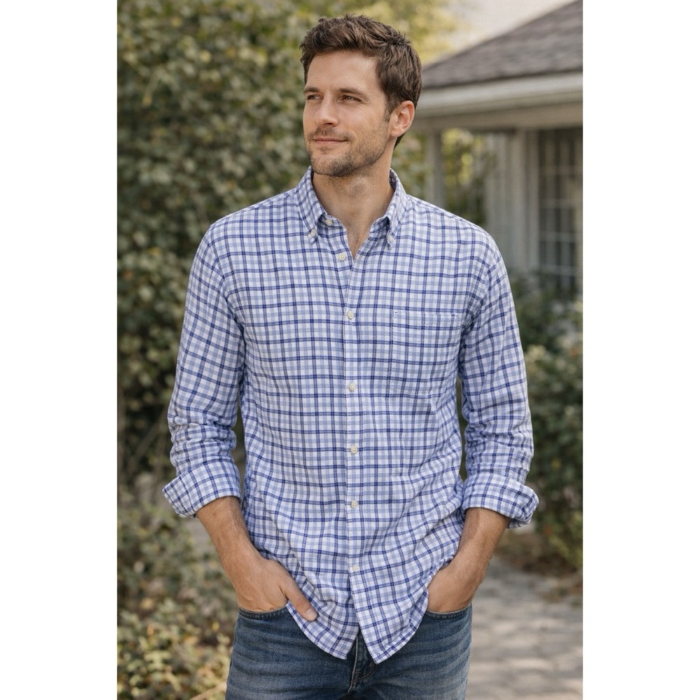 J McLaughlin Button Down Shirt 100% Imported Cotton Long Sleeve Check Sz M